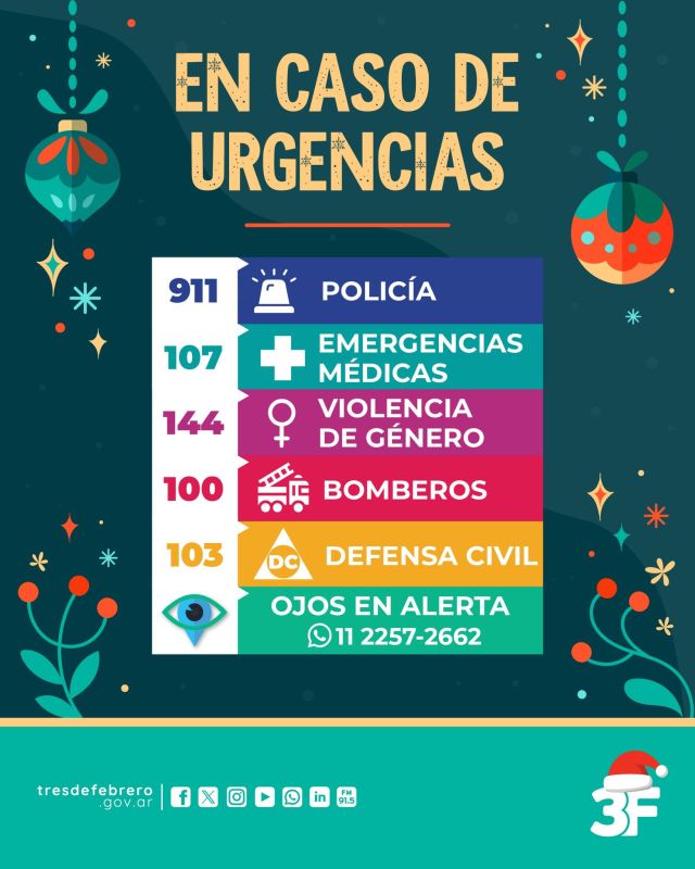 En las fiestas te cuidamos siempre 🎄💪

Los equipos de emergencia de la Muni van a trabajar sin descanso para que tengas una #Nochebuena en paz y sin inconvenientes. En caso de emergencias, recordá estos números importantes:

📞 911 #Policía
🚒 100 #Bomberos
🚑 107 #EmergenciasMédicas
🛑 103 #DefensaCivil
🚨 144 #ViolenciaDeGénero
👁️ #OjosEnAlerta: 11 2257-2662

¡Juntos hacemos de estas fiestas un momento seguro para todos!