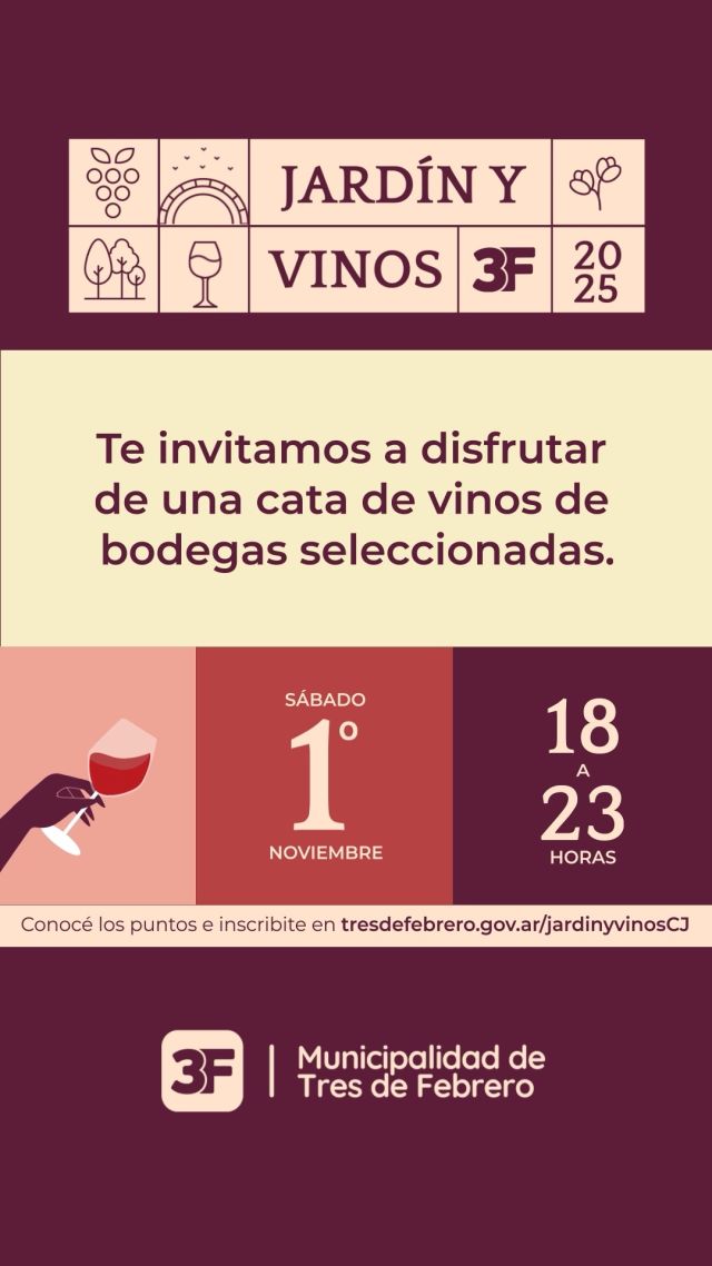 ¿Listo para brindar bajo las estrellas? ✨🍷

Este sábado 1 de noviembre, de 18 a 23 h, llega una nueva edición de Jardín y Vinos a #CiudadJardín. Un encuentro pensado para quienes disfrutan de los pequeños placeres: una buena copa, compañía y un entorno único.

Te esperamos con una gran cata de selecciones exclusivas de la  mano de espectaculares vinotecas de Neuquén, Mendoza, Salta, San Juan y La Rioja. También vas a poder saborear propuestas gastronómicas irresistibles que combinan a la perfección con cada etiqueta.

🎟️ Reservá tu entrada antes de que se agoten en 👉 www.tresdefebrero.gov.ar/jardinyvinoscj
