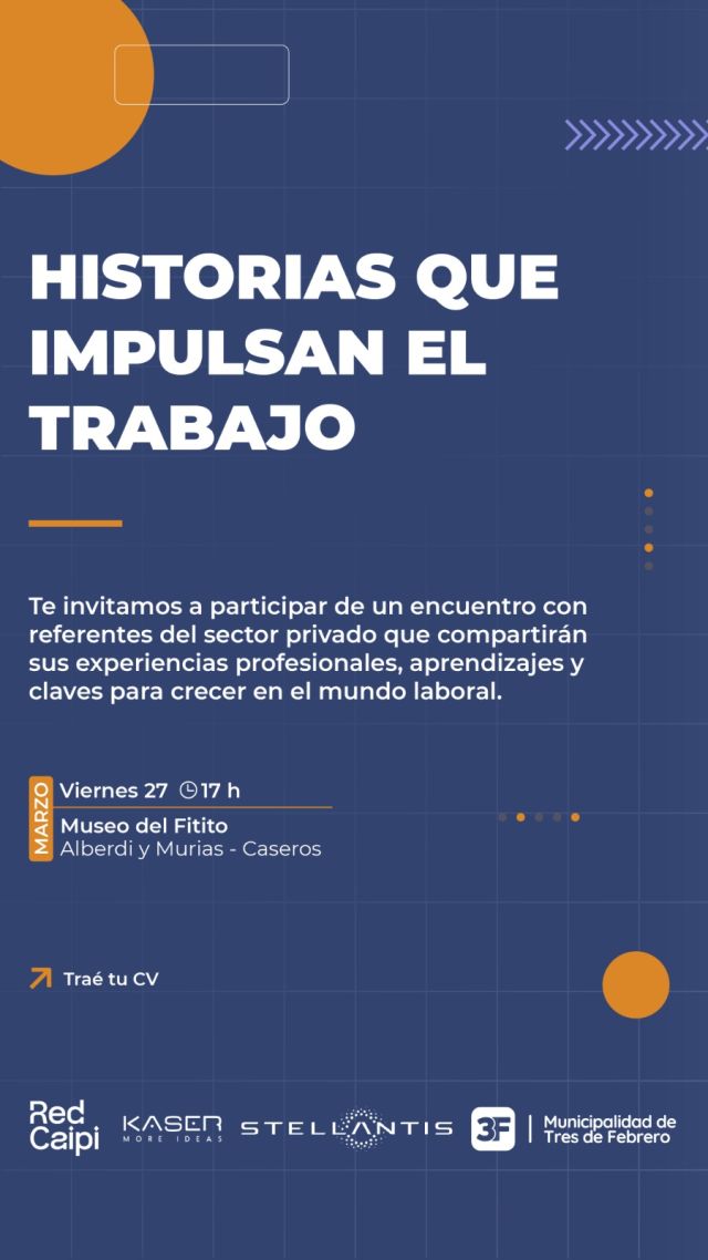Historias que inspiran nuevos caminos 💼💪

A veces escuchar la experiencia de otros es el primer paso para emprender el camino propio con mucha más confianza. Por eso, este viernes 27 de marzo a las 17 h, te invitamos a ser parte de Historias que impulsan trabajo, un encuentro junto a mujeres empresarias y emprendedoras, con la diputada @ori.colugnatti como oradora, donde compartirán los aprendizajes y desafíos de su trayectoria profesional.

Definitivamente, una oportunidad para aprender, inspirarte y dar ese próximo paso en tu carrera a partir de las historias de grandes referentes que vienen listas para aconsejarte a vos. ¡Te esperamos! ¡No olvides traer tu cv!

👉 Conocé toda la información y completá la inscripción en: www.tresdefebrero.gov.ar/jornadalaboral3f