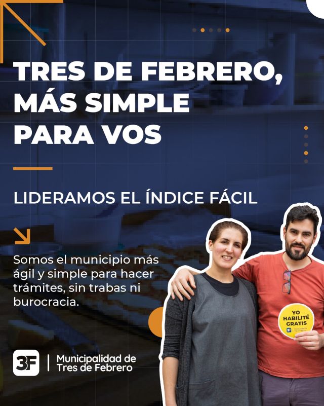 ¡Tres de Febrero: el municipio más moderno del país! 🥇🇦🇷

Es un gran orgullo compartir que, por segundo año consecutivo, lideramos el Índice Fácil con un puntaje de 67,7%, consolidándonos como el municipio que mejor simplifica y digitaliza trámites en toda la Argentina. Este reconocimiento de #IDESA nos posiciona en el primer puesto del ranking de 37 ciudades.

👉 ¿Qué significa esto para vos? Menos burocracia, más agilidad y un Estado local eficiente que no te pone trabas. Nuestro modelo se basa en tres pilares claros: 

✅ Tasas y trámites clave con costo cero
✅ Información centralizada
✅ Requisitos previsibles para evitar pasos presenciales innecesarios

Gracias a esto, hacer gestiones en #3F es más fácil, rápido y transparente, lo que facilita la apertura de nuevos comercios y fortalece el desarrollo económico y social. ¡Vamos por más!