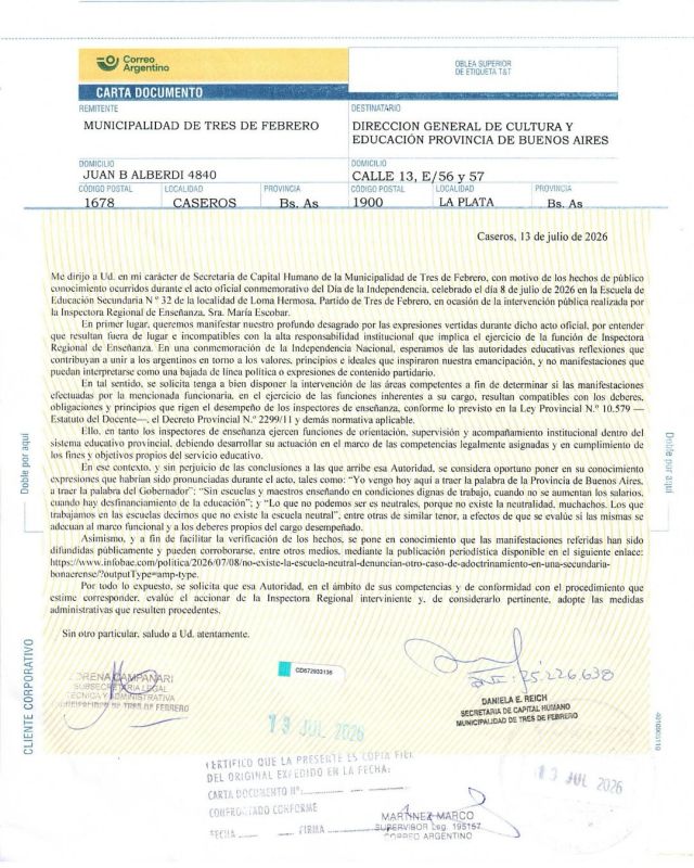 Ante el video de público conocimiento, donde una inspectora de educación provincial utilizó un acto patrio para expresarse políticamente y de forma doctrinaria delante de alumnos y familias de la Escuela Secundaria N°32 de Loma Hermosa, enviamos una notificación formal a la Dirección General de Cultura y Educación de la Provincia de Buenos Aires. 

A través del documento solicitamos con profunda preocupación a las autoridades que evalúen el accionar y las expresiones utilizadas por la Inspectora Escobar frente a la comunidad educativa.

Las conmemoraciones patrias, como este último 9 de Julio, son espacios y tiempos de reflexión sagrados para las generaciones en formación y no deben transformarse en un escenario para un marginal aprovechamiento político y partidario. Y los grandes, especialmente las autoridades educativas, tenemos que ser ejemplo de ello.