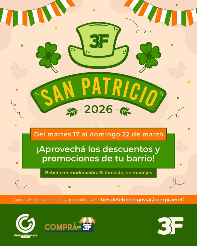 Tu barrio está de suerte con grandes promos 🍀🍻

La semana está ideal para compartir un trago con amigos. Por eso, del 17 al 22 de marzo, te invitamos a recorrer tus comercios favoritos y celebrar San Patricio con happy hours, descuentos, shows en vivo y degustación de los mejores sabores artesanales.

Este finde también te esperamos en una nueva edición de la Fiesta de la Birra en el Playón Municipal de #Caseros, se suspende por lluvia. 

¡Disfrutá un buen momento y brindá con quienes más querés! Pero recordá beber con moderación y ¡si tomaste, no manejes! 🤝✅

👉 Conocé todas las propuestas de los comercios adheridos: www.tresdefebrero.gov.ar/compraen3