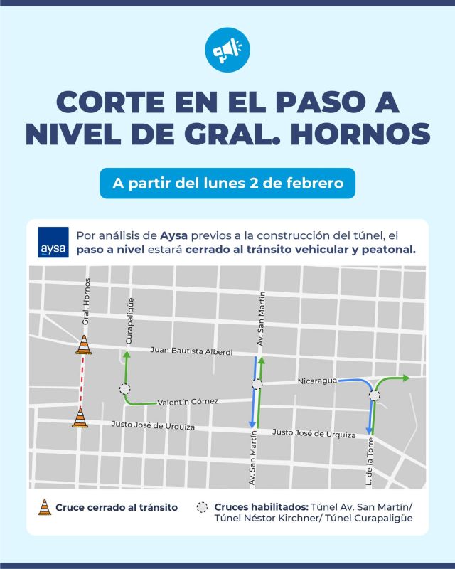 Corte en el paso a nivel de Gral. Hornos 🚧⚠️

A partir del lunes 2 de febrero, el paso a nivel estará cerrado al tránsito vehicular y peatonal por tareas de evaluación de caños de agua de @aysa.oficial.

Estos trabajos permitirán definir qué obras son necesarias para el inicio del Túnel de Hornos en #Caseros, una obra que se realizará con recursos exclusivamente municipales.

👉 Un proyecto muy esperado que unificará el centro comercial y mejorará la conectividad del barrio. ¡Gracias por la paciencia y por acompañar este avance para Caseros!