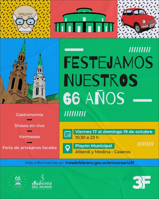 ¡3F cumple 66 años! 🎉🎂

Nuestro querido Tres de Febrero está de fiesta y queremos celebrarlo a lo grande con vos. Desde el viernes 17 al domingo 19 de octubre, te invitamos a vivir tres jornadas mágicas en el Playón Municipal de #Caseros con espectáculos en vivo, feria de artesanos, propuestas gastronómicas y una gran kermesse para toda la familia.

Son 66 años de historia, crecimiento y unión, y los festejamos como más nos gusta: baile, música y compartir momentos juntos. ¡Venite con tu familia y amigos a vivir la gran fiesta de nuestra casa 🧡
