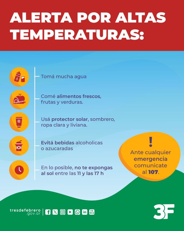 ¿Cómo cuidar a tu familia frente a la ola de calor? ☀️🌡️

El verano comenzó a sentirse con todo y queremos que tengas toda la información para cuidarte a vos, a tu familia y a tus mascotas del intenso calor de los próximos días.

Tené en cuenta que es muy importante que todos los miembros de tu hogar se hidraten de manera constante, coman alimentos frescos, eviten la exposición al sol y muchos otros cuidados o síntomas que nos parece clave que tengas presente.

¡Protegé a tu familia y amigos de cuatro patas para disfrutar el verano de forma segura! 🐾

👉 Conocé más información sobre prevenciones o síntomas frente a las olas de calor en: www.tresdefebrero.gov.ar/salud