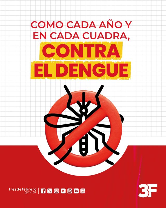 ¡Como siempre y con todo, luchamos contra el dengue! 🦟🚫

El verano se acerca y es importante recordar que el #dengue se reproduce en lugares sombríos y húmedos con agua limpia o estancada, donde pueden poner cientos de huevos. Por eso, queremos brindarte algunos consejos para aplicar en el día a día del hogar y así ¡prevenir juntos la propagación del mosquito y el desarrollo de potenciales criaderos!

✅ Volteá recipientes y evitá la acumulación de agua 
✅ Utilizá arena en floreros
✅ Tirá agua hirviendo en canaletas, rejillas y desagües
✅ Tapá tanques
✅ Echale cloro y larvicidas a piletas

¡Las mejores batallas se ganan desde casa!

👉 Para conocer otros cuidados, síntomas y más información ingresa a: www.tresdefebrero.gov.ar/dengue