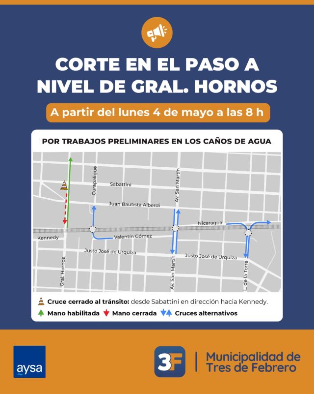 Corte en el Paso nivel Gral. Hornos ⚠️

Te informamos que desde este lunes 4 de mayo, a las 8 h, el Paso nivel Gral. Hornos del Ferrocarril San Martín permanecerá cerrado hasta nuevo aviso, por trabajos preliminares en los caños de agua.

El corte se realizará sobre un carril de la calle Hornos, desde Sabattini hasta Pres. Kennedy, mientras que el sentido de Av. Urquiza en dirección a Alberdi estará abierto al tránsito. 

✅ Tené en cuenta los accesos recomendados en el mapa que podés tomar en sustitución.