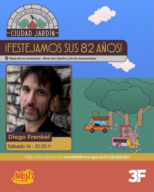 Frenkel le pone rock al cumple de Ciudad Jardín 🎸👏

Este sábado 14 a las 20 h, @diegofrenkel llega a la Plaza de los Aviadores para festejar a lo grande el 82° aniversario de Ciudad Jardín. Un show especial en el corazón del barrio para celebrar con música, vecinos y mucha energía.

La fiesta arranca desde las 18 h en el Escenario West con una grilla a puro rock y blues: Eduardo Barlesi, Pumpy y los Imanes, Frenkel, Entre Perros y el cierre con DJ Diego Acosta. Además, durante toda la jornada el Escenario Fest suma DJs y sets para seguir celebrando.

👉 ¡Deslizá y conocé la grilla completa! Más detalles: www.tresdefebrero.gov.ar/ciudadjardin