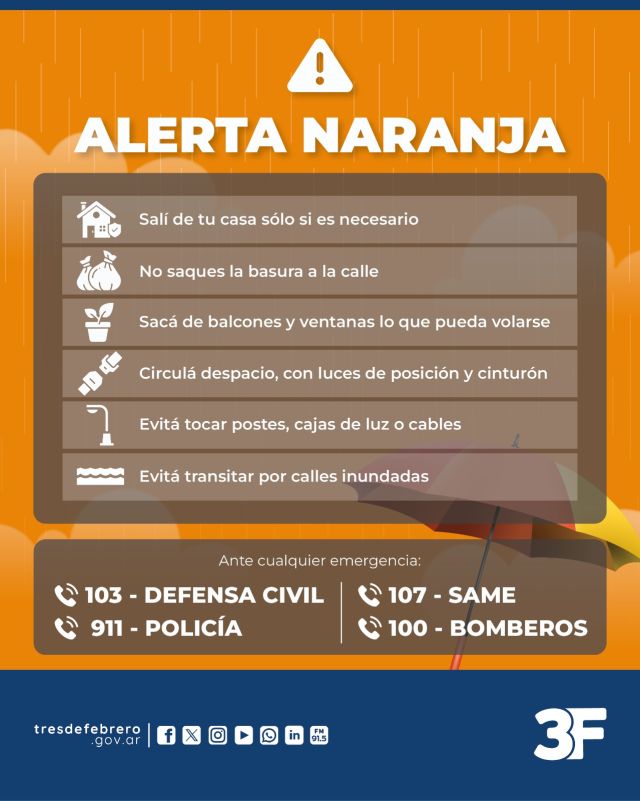 Nos cuidamos de la tormenta 🌧⚡

Ante la alerta naranja, te pedimos que leas estas recomendaciones para cuidarte de las fuertes lluvias y salgas de casa sólo si es necesario. Tené en cuenta:

☔ Evitar transitar por calles inundadas.
🏠 Intentar permanecer en un lugar seguro.
🚘 Manejar despacio, con luces de posición y cinturón.
🚮 No sacar los residuos a la calle.
⚡ No acercarte a postes ni cables caídos.
🌼 Retirar las macetas de ventanas o balcones.

Difundí este mensaje en tu alrededor para cuidarnos entre todos. 
Ante cualquier emergencia podés comunicarte al 911, al 103 con Defensa Civil o al 100 con Bomberos 📞
